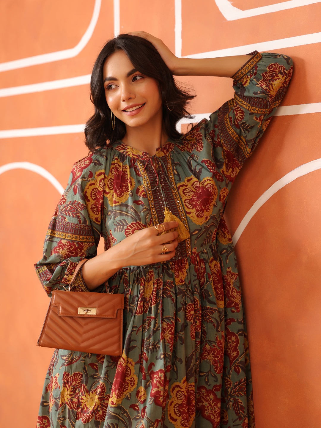 Vintage Floral Tie-Waist Cotton Dress