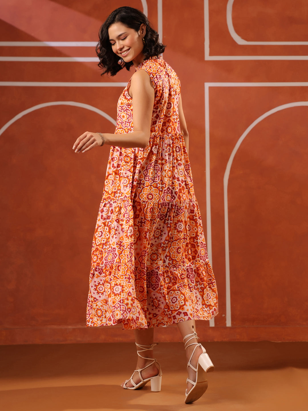 Sleeveless Orange Printed Lurex Cotton Dress