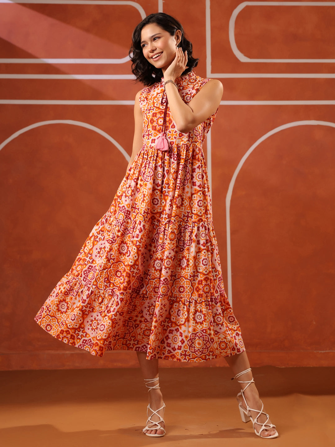 Sleeveless Orange Printed Lurex Cotton Dress