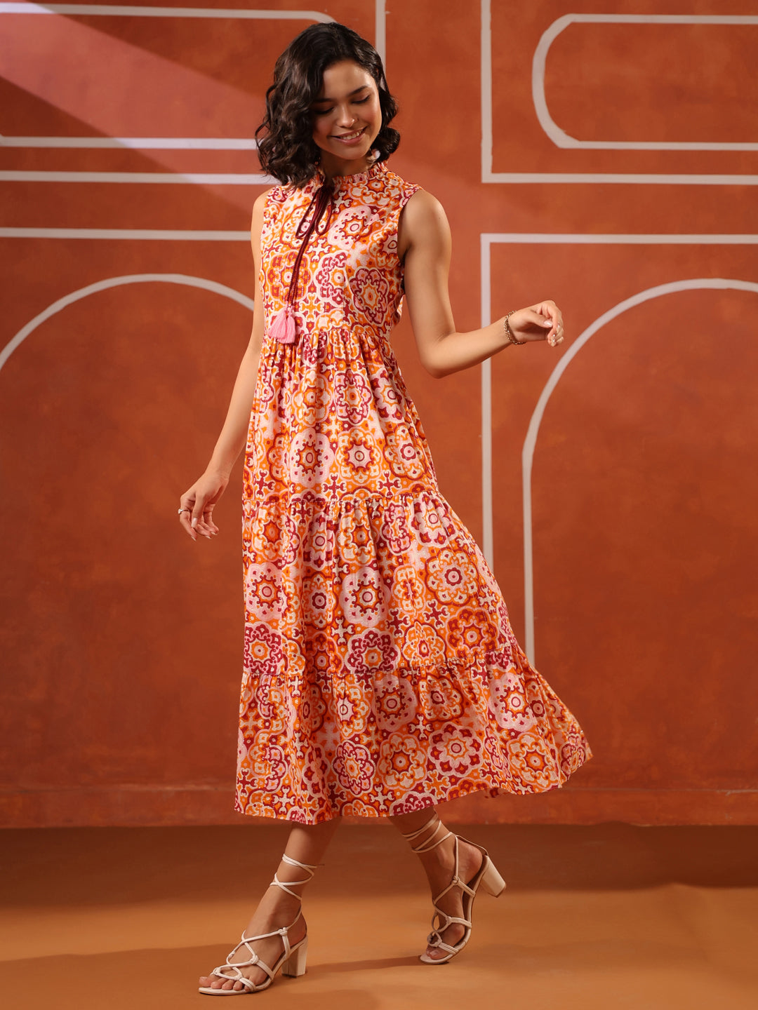 Sleeveless Orange Printed Lurex Cotton Dress