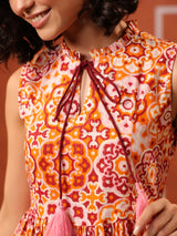 Sleeveless Orange Printed Lurex Cotton Dress