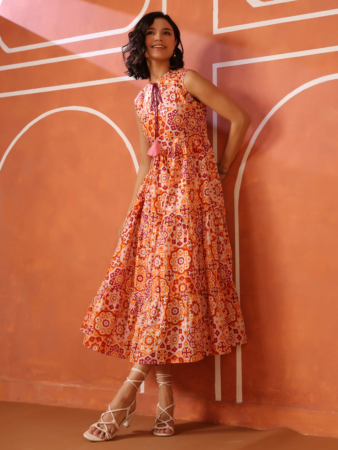 Sleeveless Orange Printed Lurex Cotton Dress
