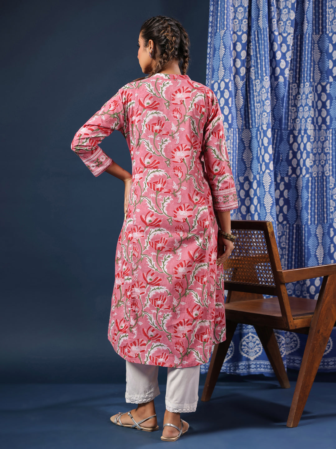 Pink Handblock Printed A-Line Kurta with Pockets