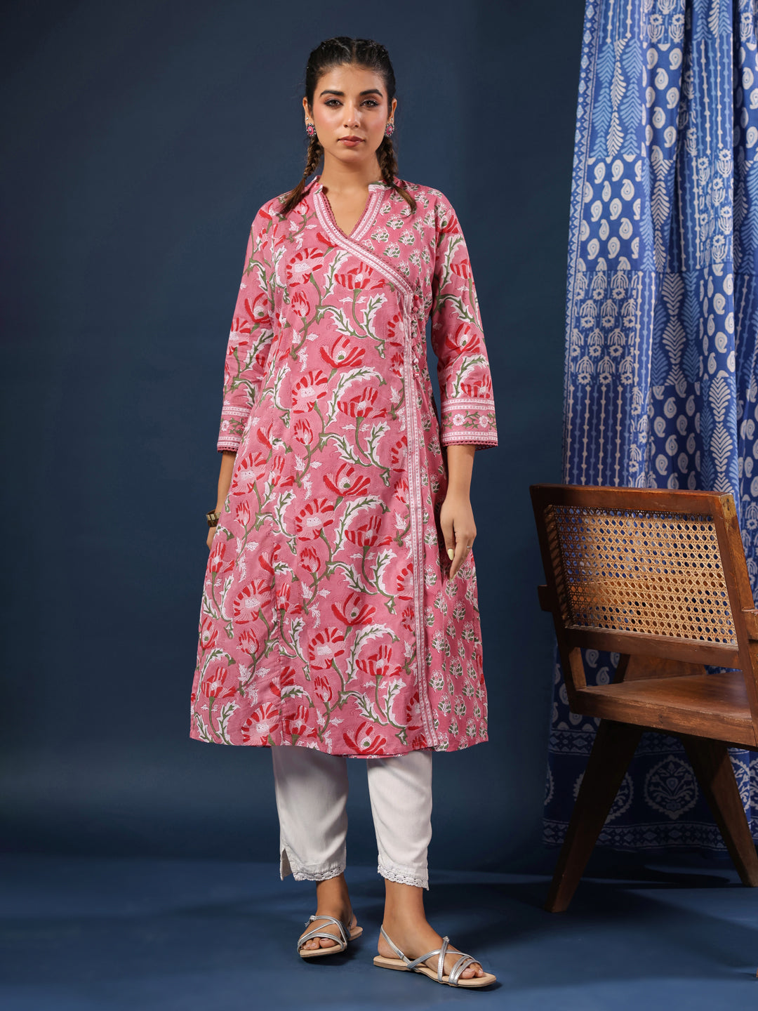 Pink Handblock Printed A-Line Kurta with Pockets
