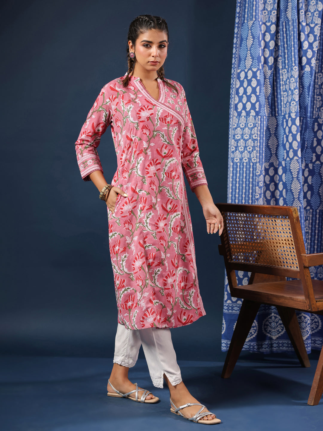 Pink Handblock Printed A-Line Kurta with Pockets