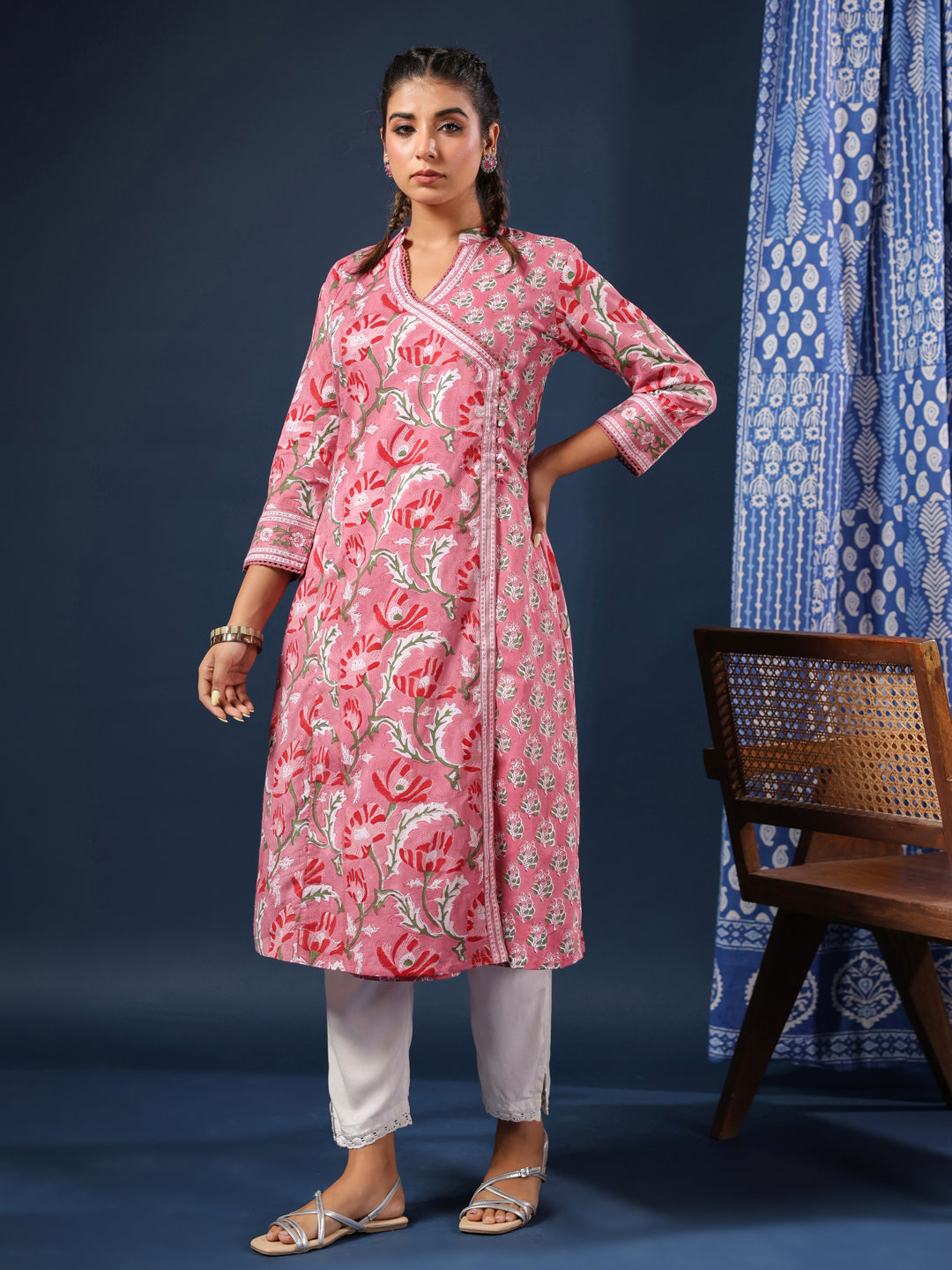 Pink Handblock Printed A-Line Kurta with Pockets
