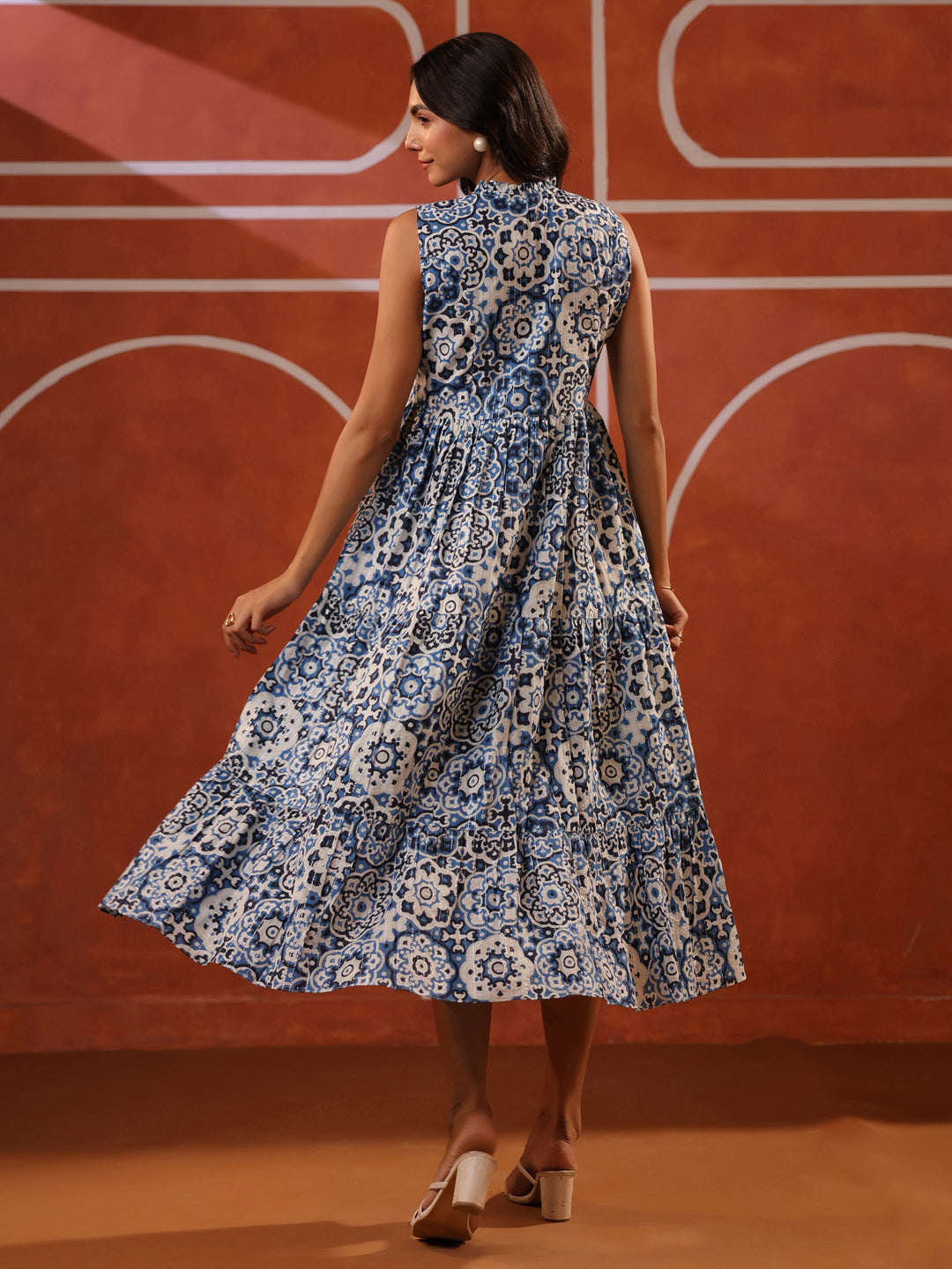 Sleeveless Blue Printed Lurex Cotton Dress