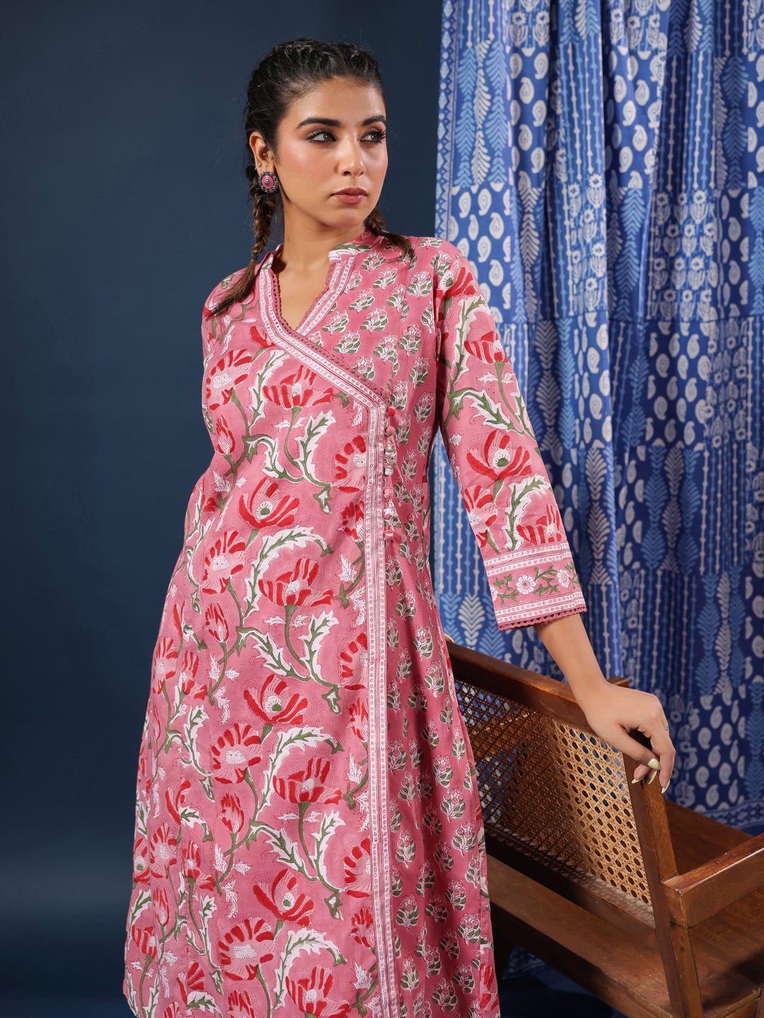 Pink Handblock Printed A-Line Kurta with Pockets