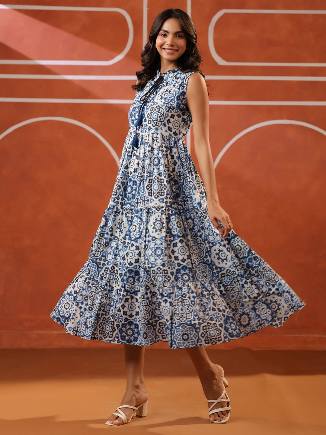 Sleeveless Blue Printed Lurex Cotton Dress