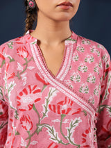 Pink Handblock Printed A-Line Kurta with Pockets