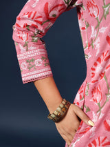 Pink Handblock Printed A-Line Kurta with Pockets