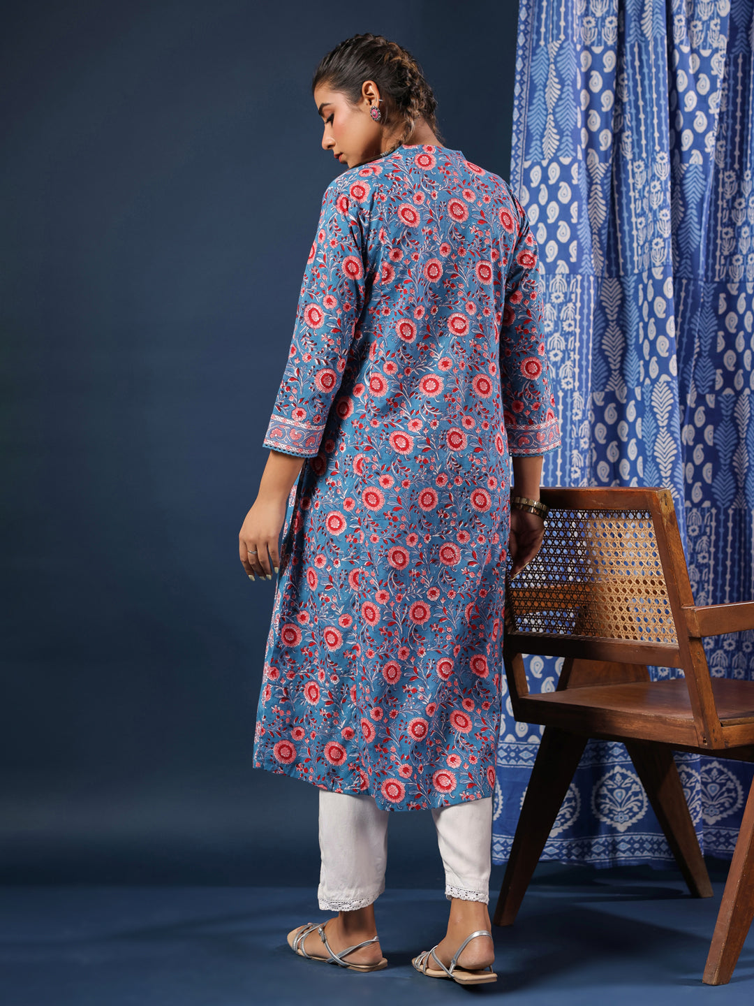 Teal Handblock Printed A-Line Kurta with Pockets