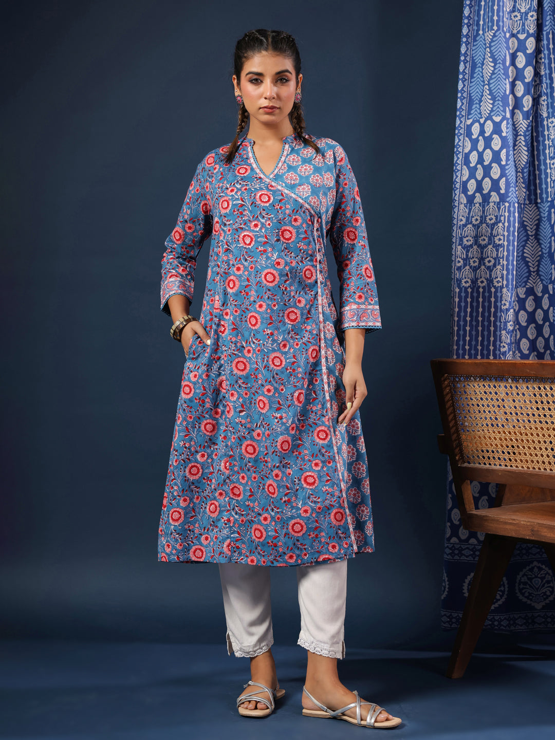 Teal Handblock Printed A-Line Kurta with Pockets