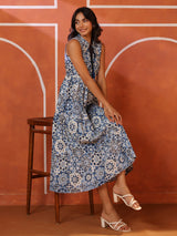 Sleeveless Blue Printed Lurex Cotton Dress
