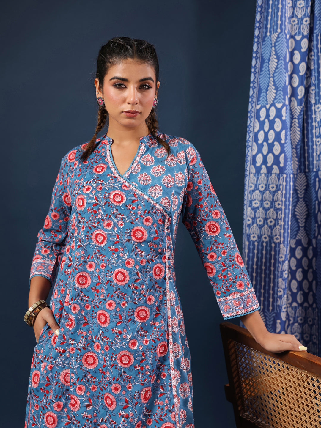 Teal Handblock Printed A-Line Kurta with Pockets