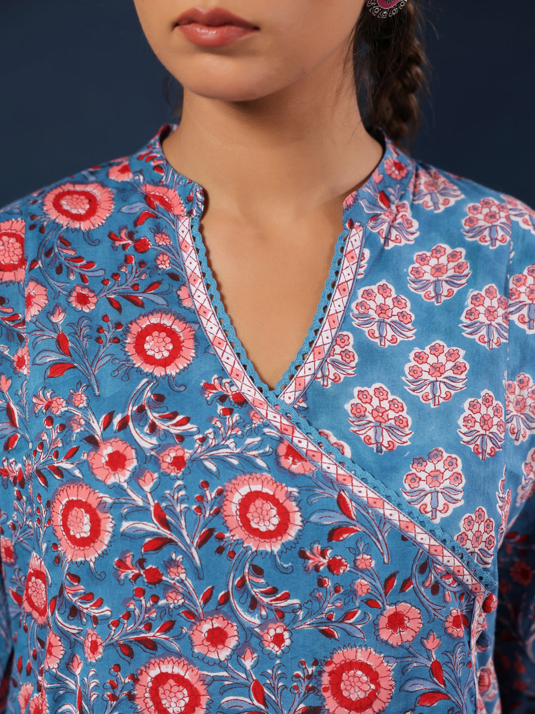 Teal Handblock Printed A-Line Kurta with Pockets
