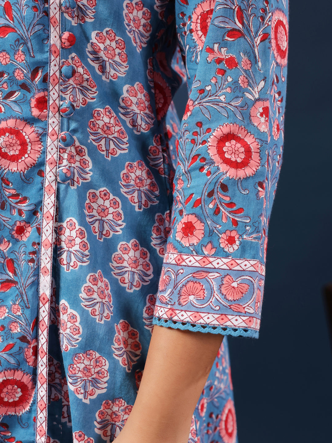 Teal Handblock Printed A-Line Kurta with Pockets