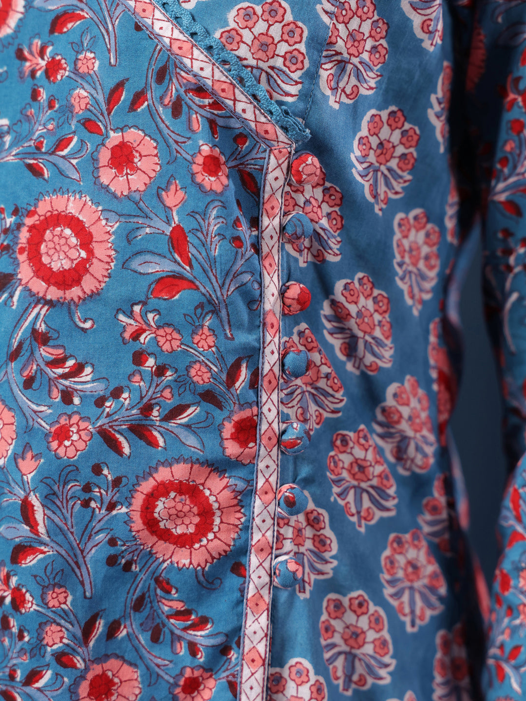 Teal Handblock Printed A-Line Kurta with Pockets