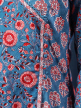Teal Handblock Printed A-Line Kurta with Pockets