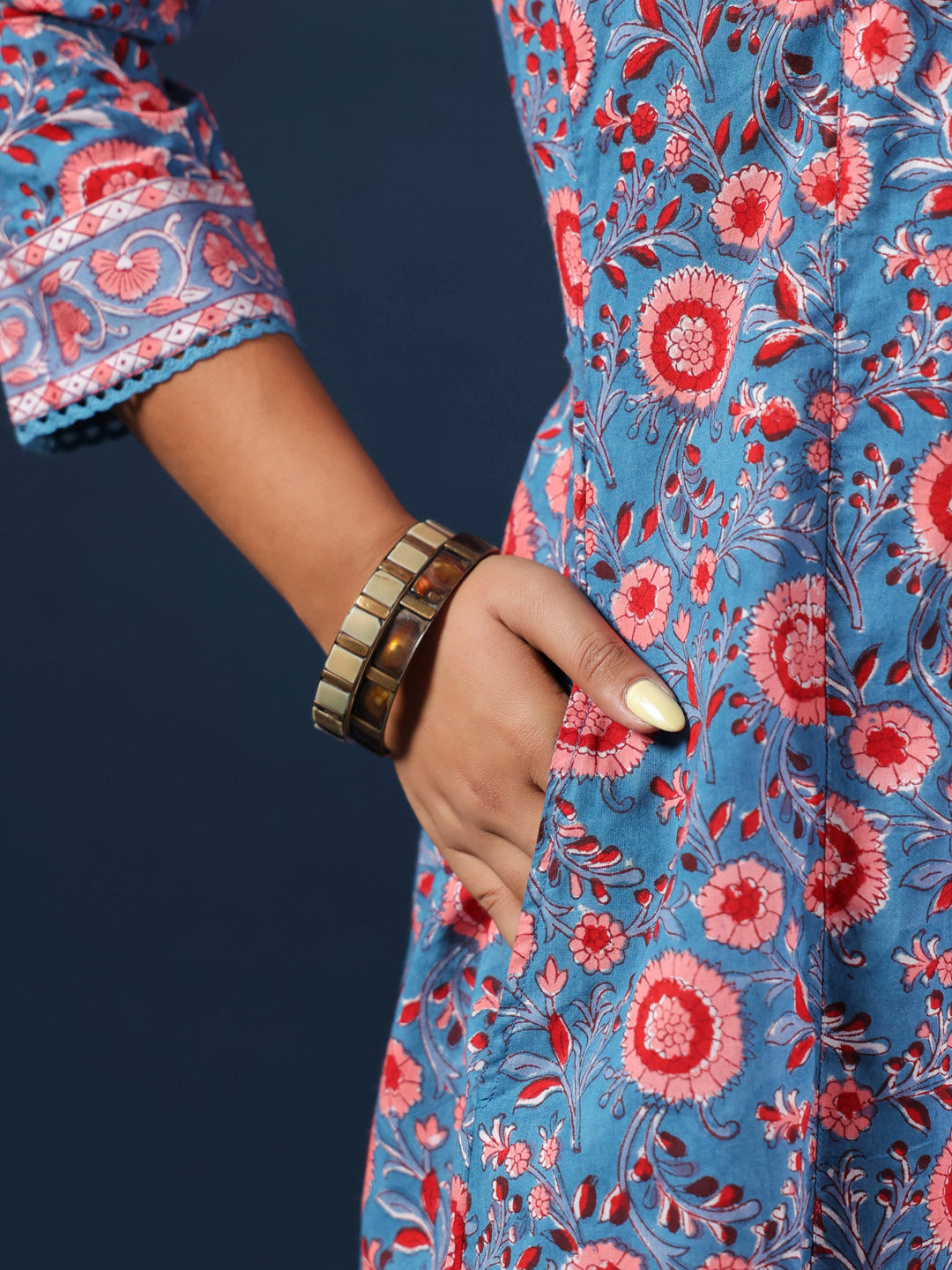 Teal Handblock Printed A-Line Kurta with Pockets