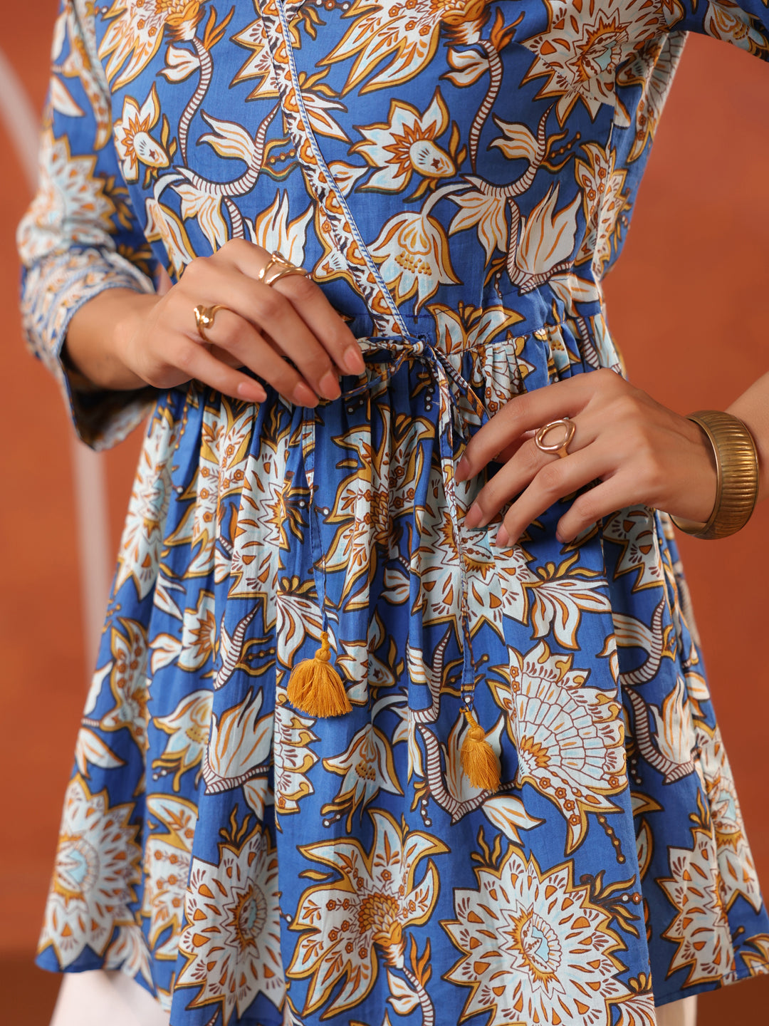 Blue Floral Printed Cotton Wrap Top