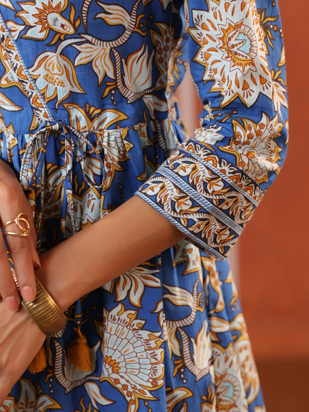 Blue Floral Printed Cotton Wrap Top