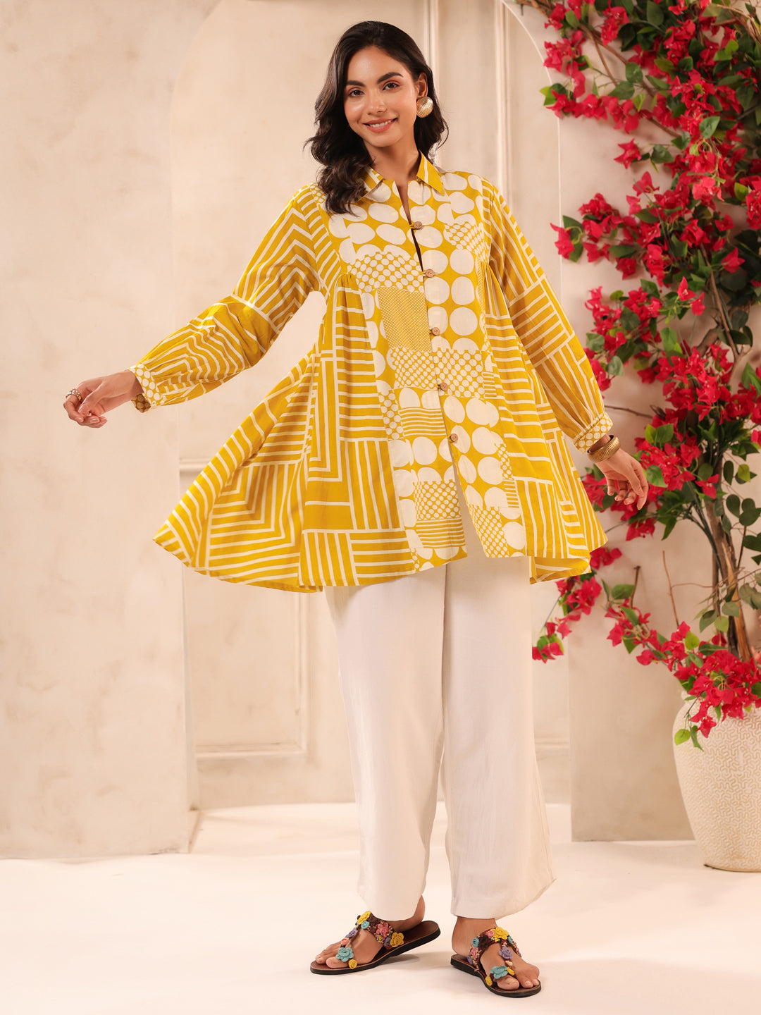 Breezy Yellow Printed Cotton Tunic