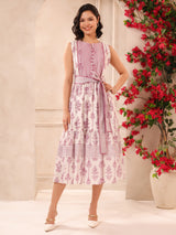 White & Purple Sleeveless Maxi Dress with Belt and Pockets