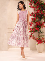 White & Purple Sleeveless Maxi Dress with Belt and Pockets