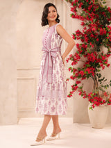 White & Purple Sleeveless Maxi Dress with Belt and Pockets