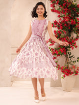 White & Purple Sleeveless Maxi Dress with Belt and Pockets