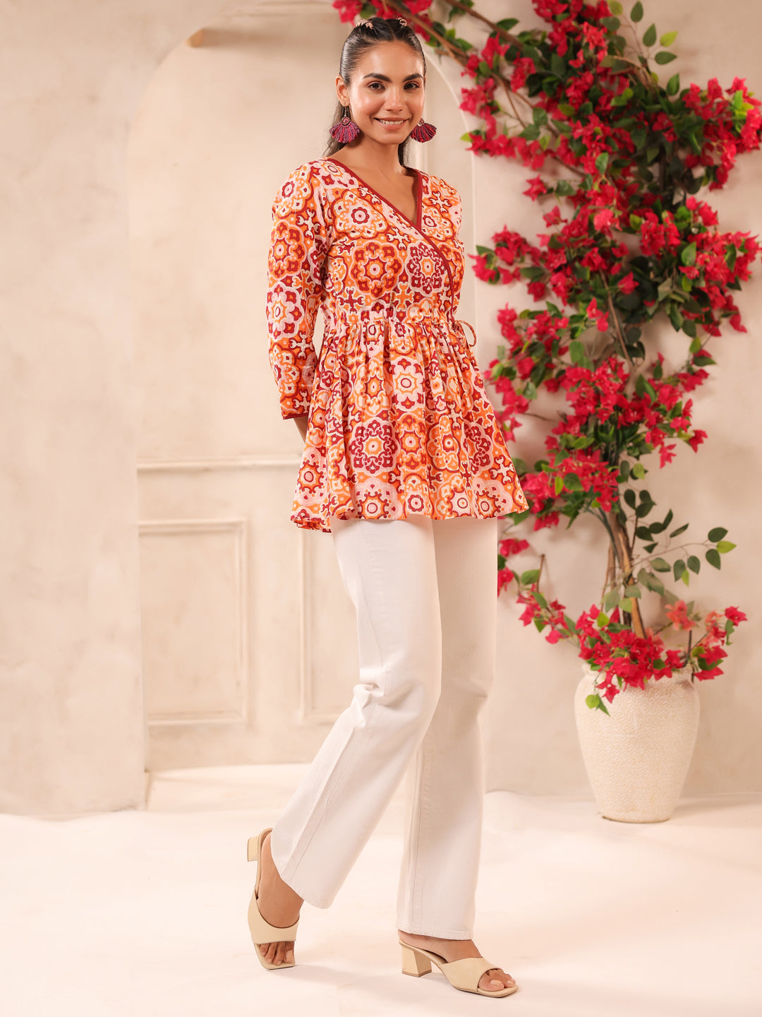 Orange Lurex Printed Cotton Wrap Top