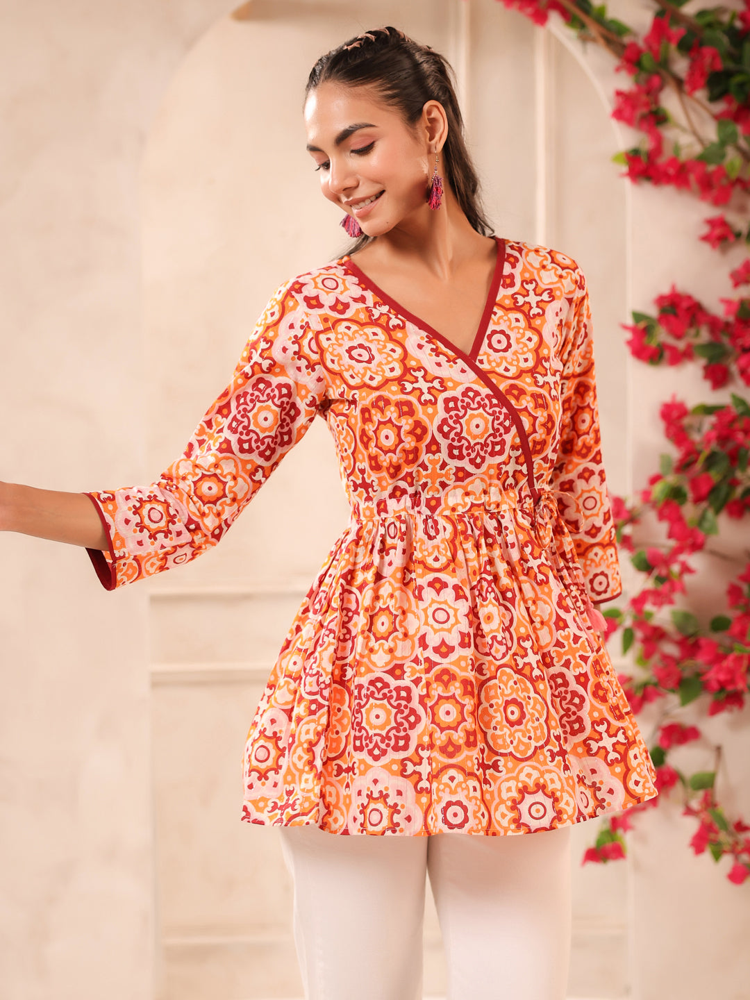 Orange Lurex Printed Cotton Wrap Top