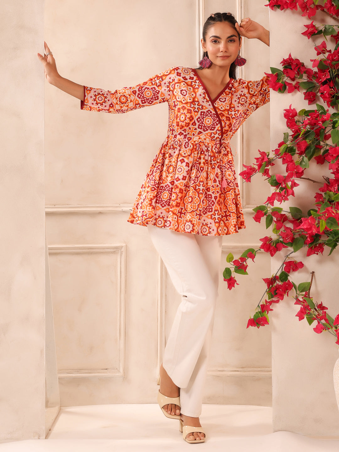 Orange Lurex Printed Cotton Wrap Top