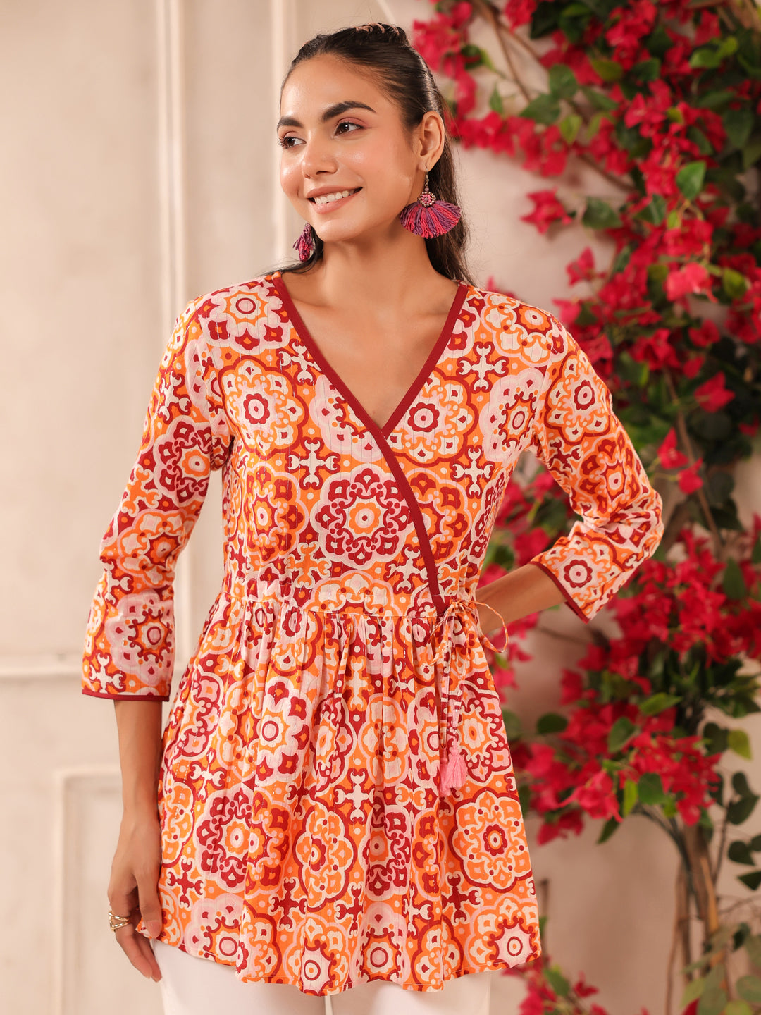 Orange Lurex Printed Cotton Wrap Top