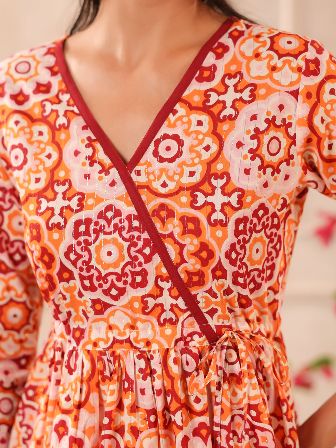 Orange Lurex Printed Cotton Wrap Top