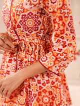 Orange Lurex Printed Cotton Wrap Top