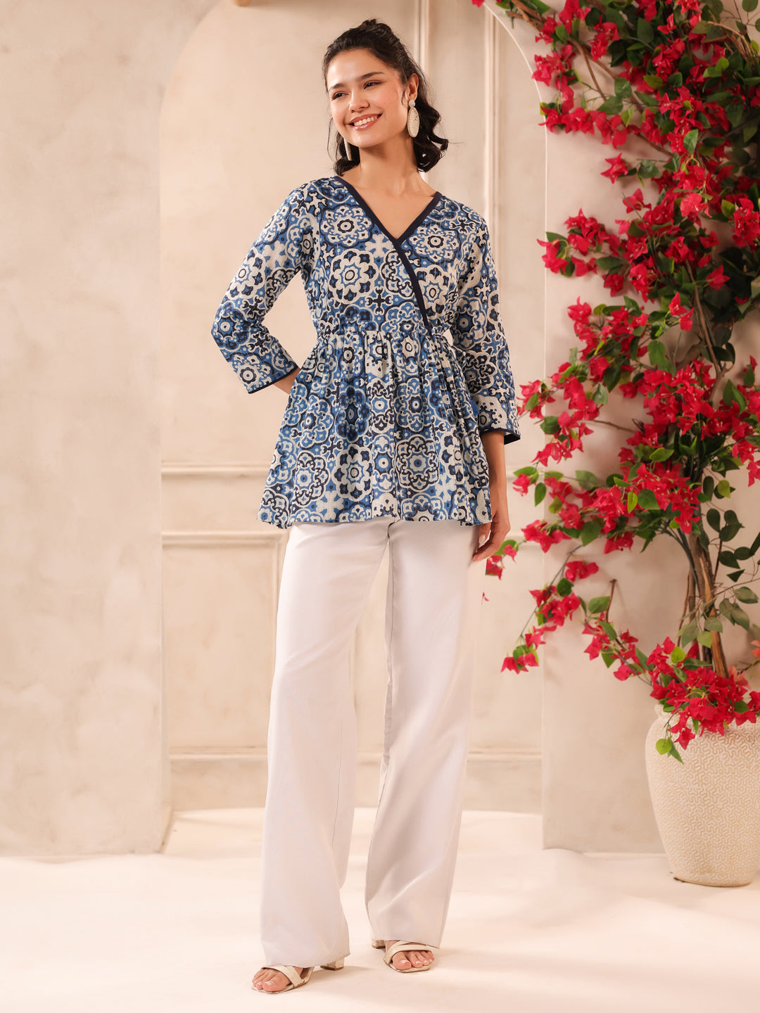 Blue Lurex Printed Cotton Wrap Top