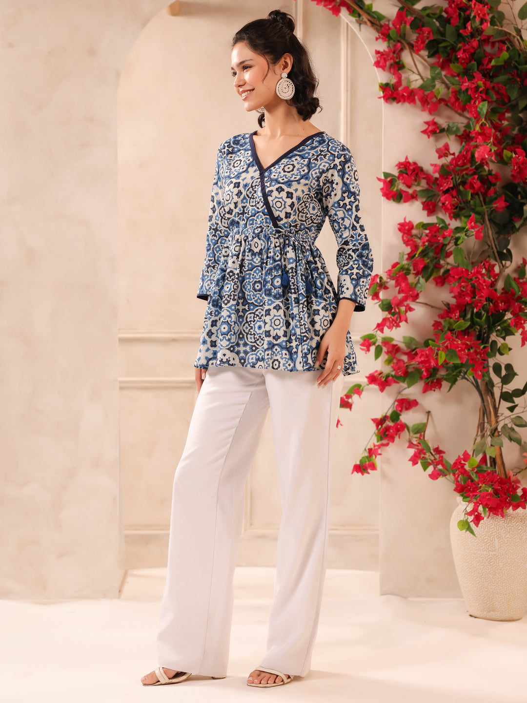 Blue Lurex Printed Cotton Wrap Top