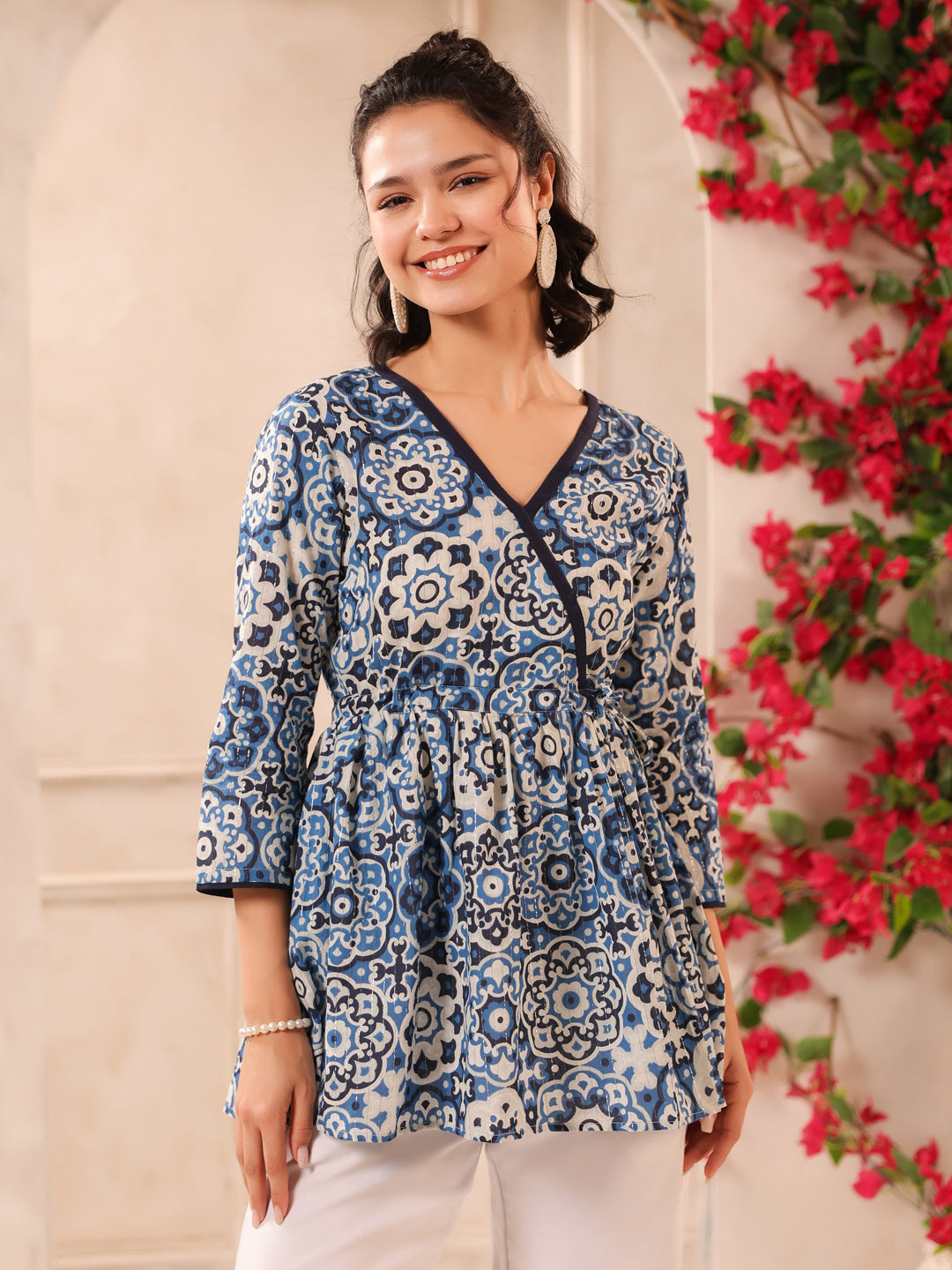 Blue Lurex Printed Cotton Wrap Top