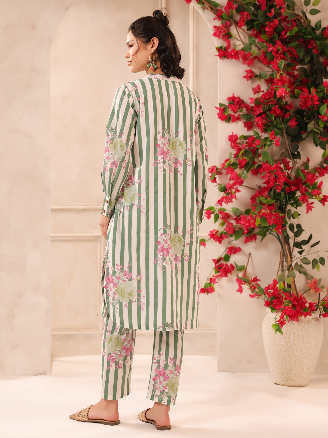 Green Stripes Printed Cotton Kurta and Pants Set