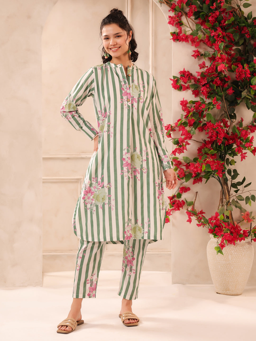 Green Stripes Printed Cotton Kurta and Pants Set
