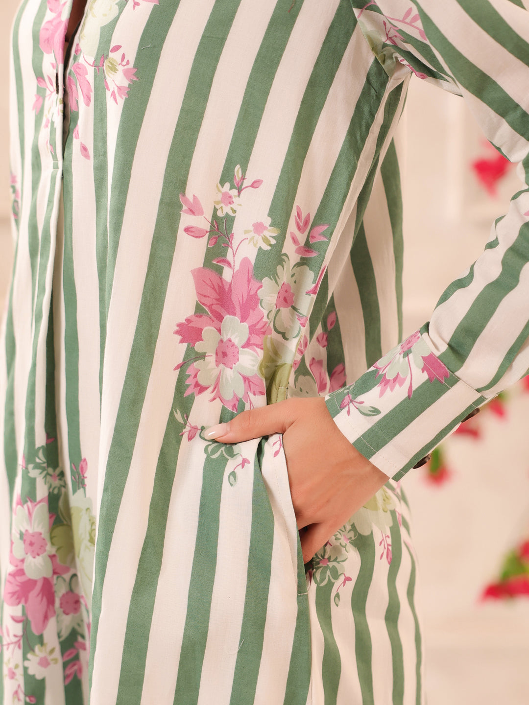 Green Stripes Printed Cotton Kurta and Pants Set