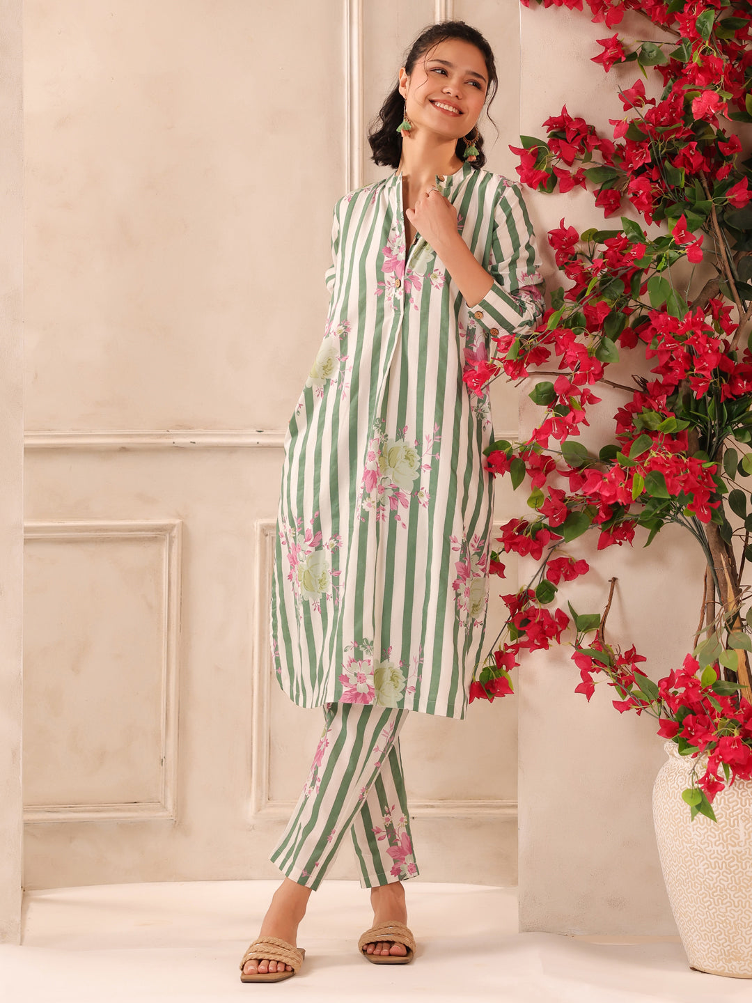 Green Stripes Printed Cotton Kurta and Pants Set