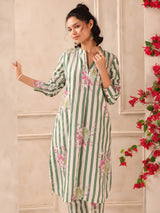 Green Stripes Printed Cotton Kurta and Pants Set