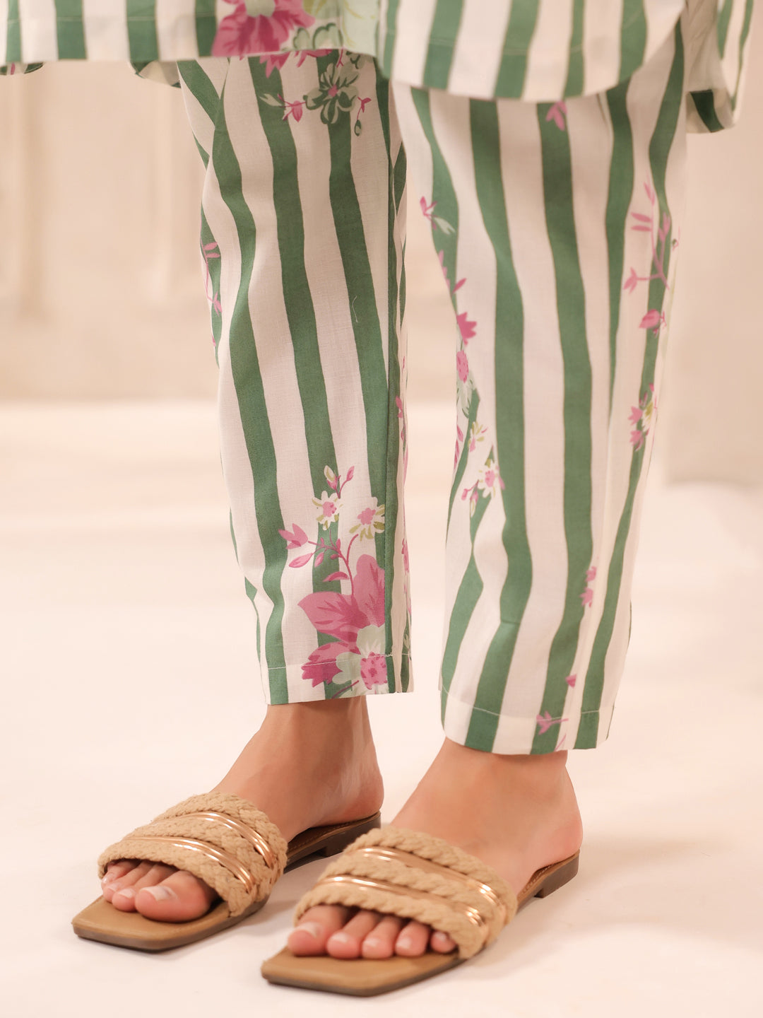 Green Stripes Printed Cotton Kurta and Pants Set