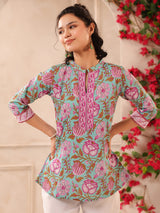 Turquoise Floral Printed Cotton Top