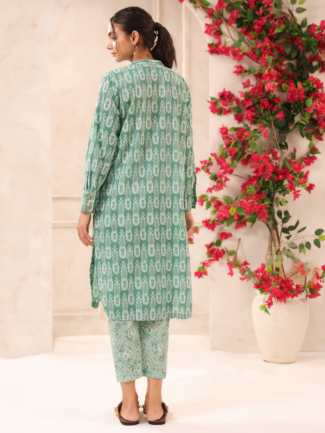 Green Ikkat Printed Cotton Kurta and Pants Set