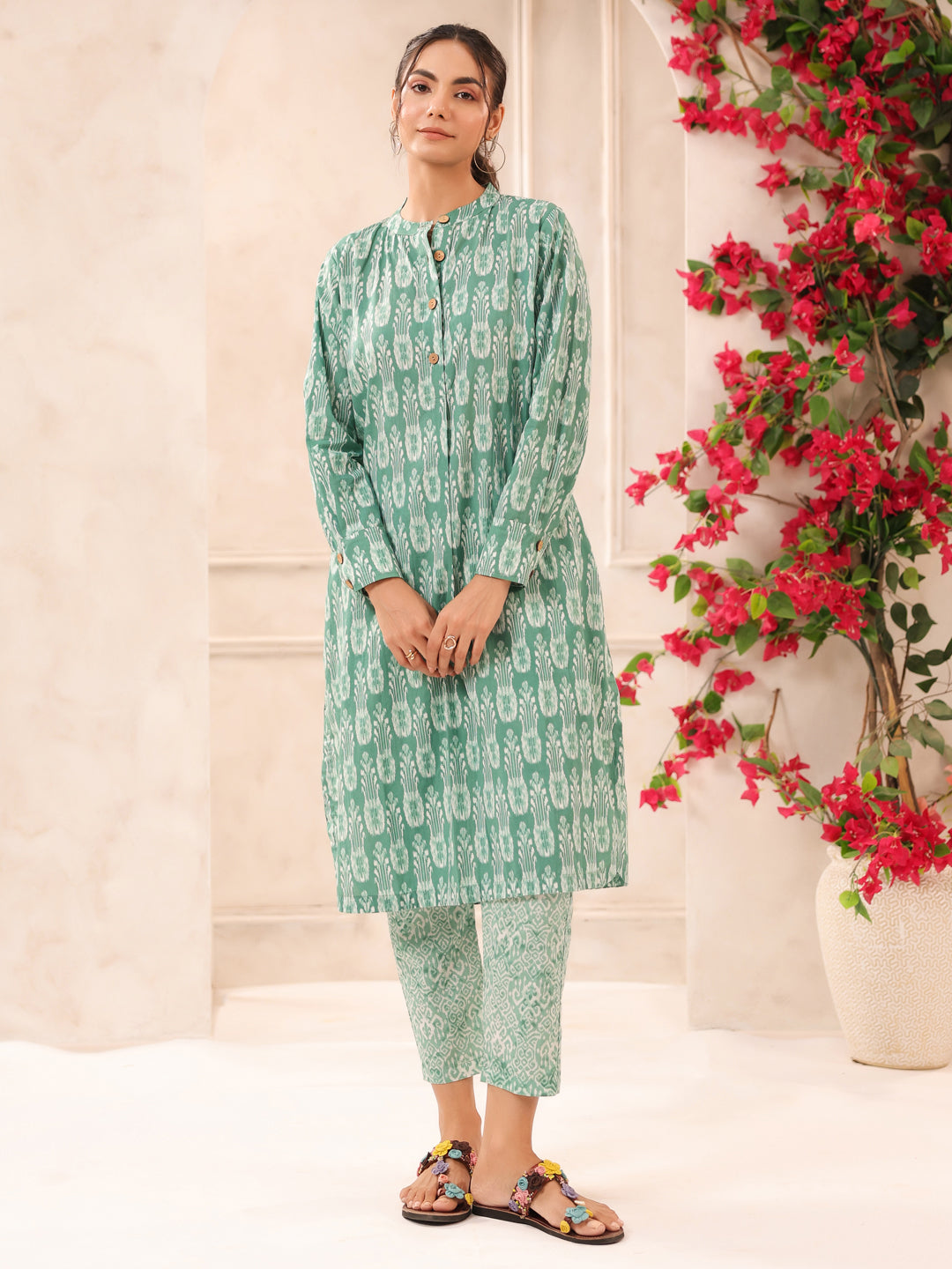 Green Ikkat Printed Cotton Kurta and Pants Set