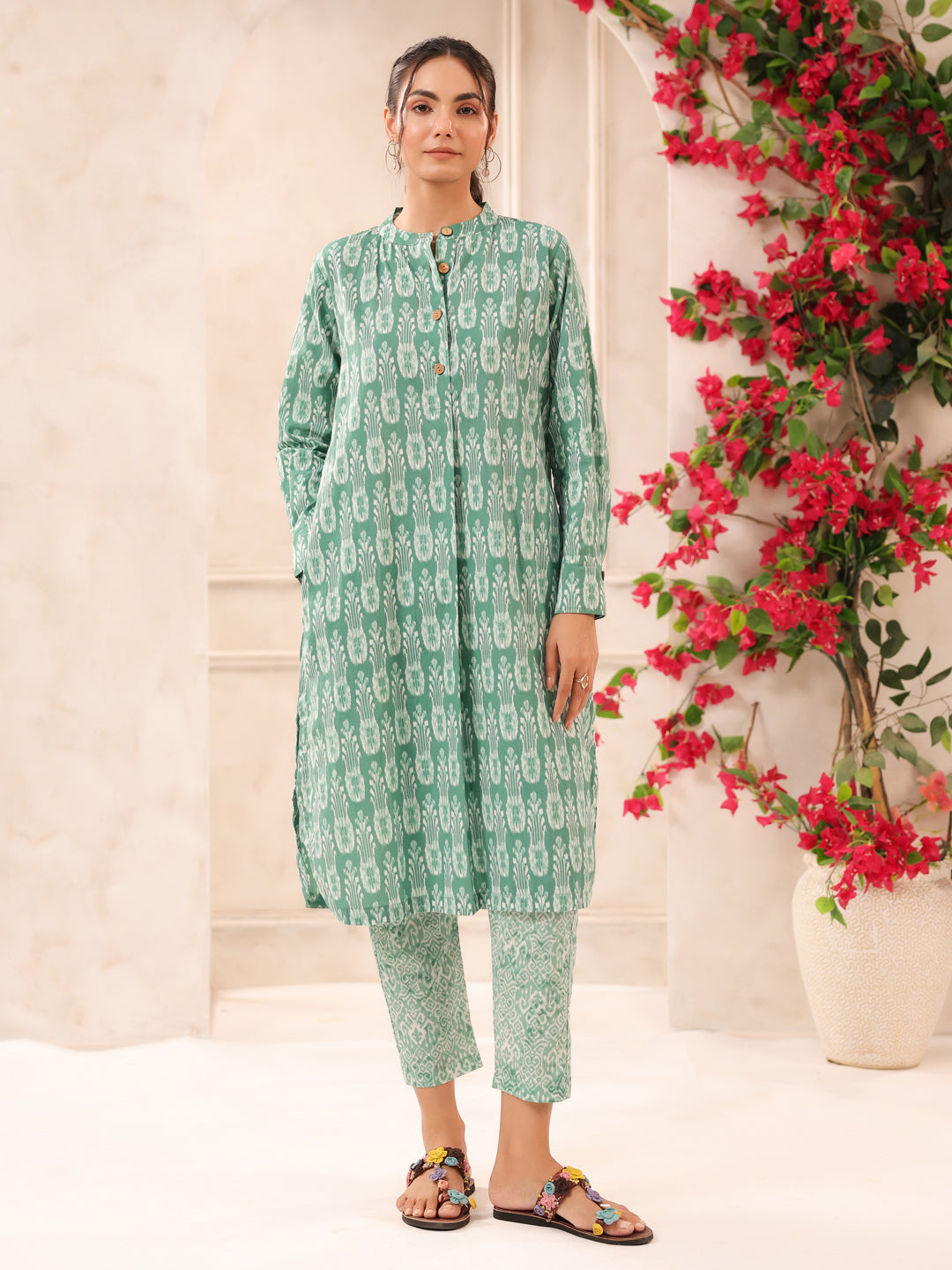 Green Ikkat Printed Cotton Kurta and Pants Set